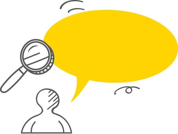 Person mit Sprechblase und Lupe